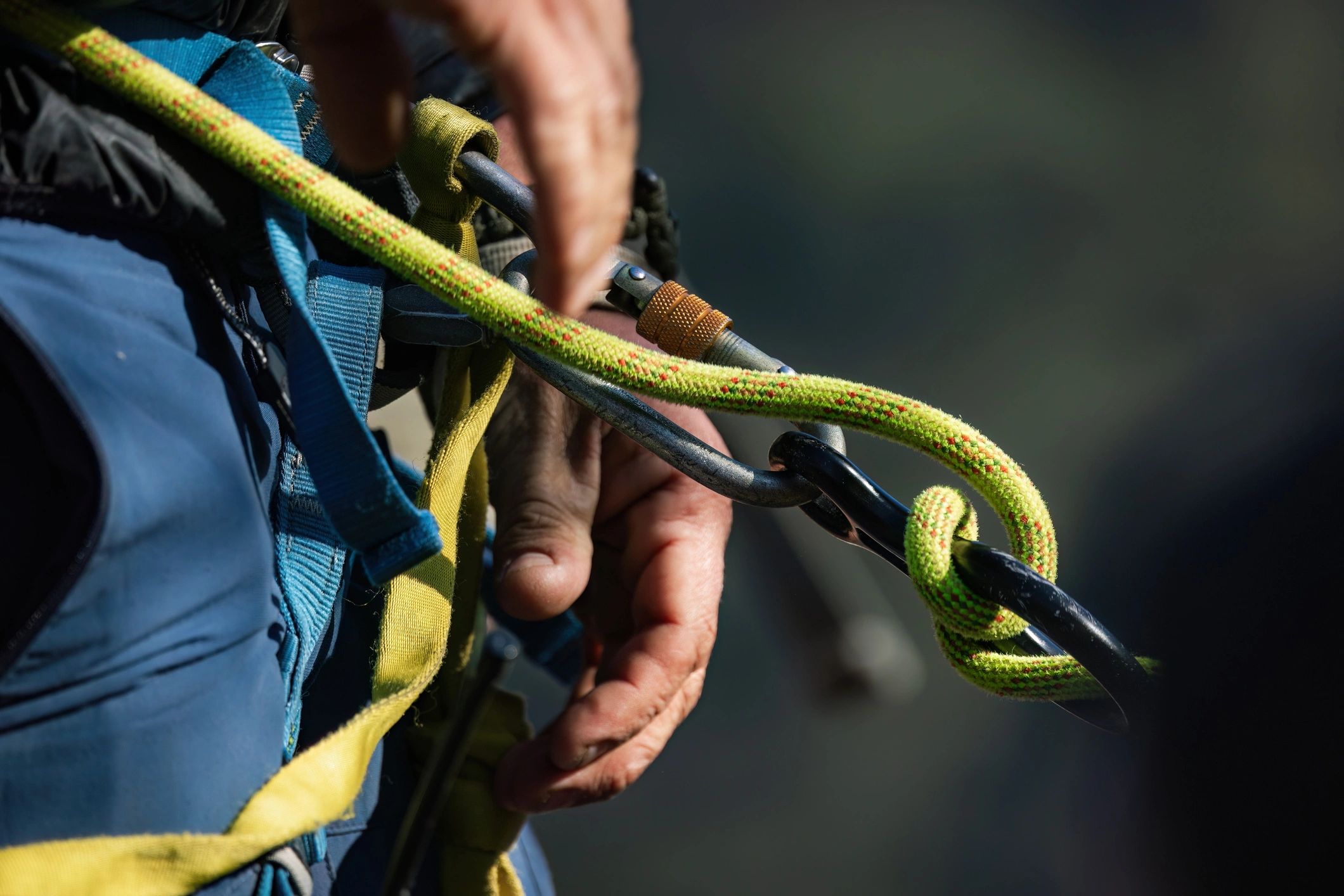 Hand gripping climbing rope with carabiner